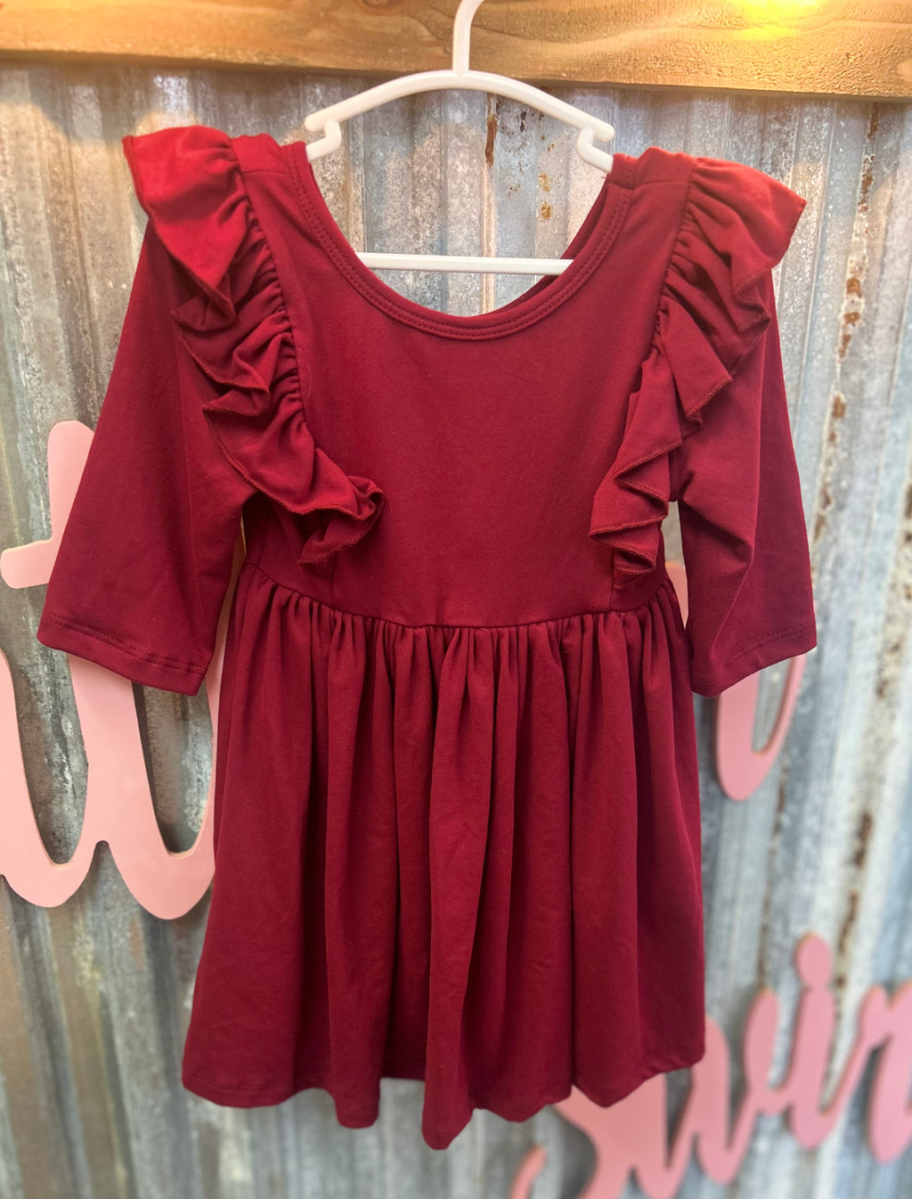 Girl Ruffle Quarter Length Sleeve Dress- Maroon