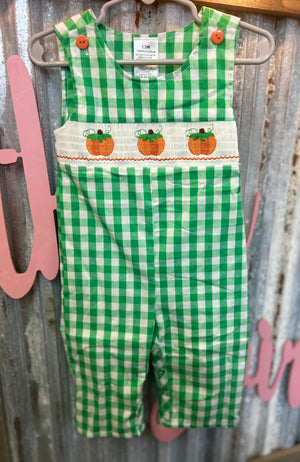 Boy green pumpkin smocked overalls