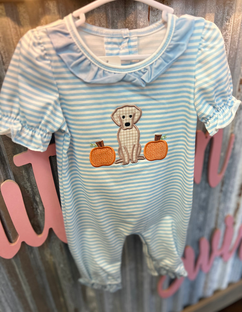 Girl puppy pumpkins striped romper