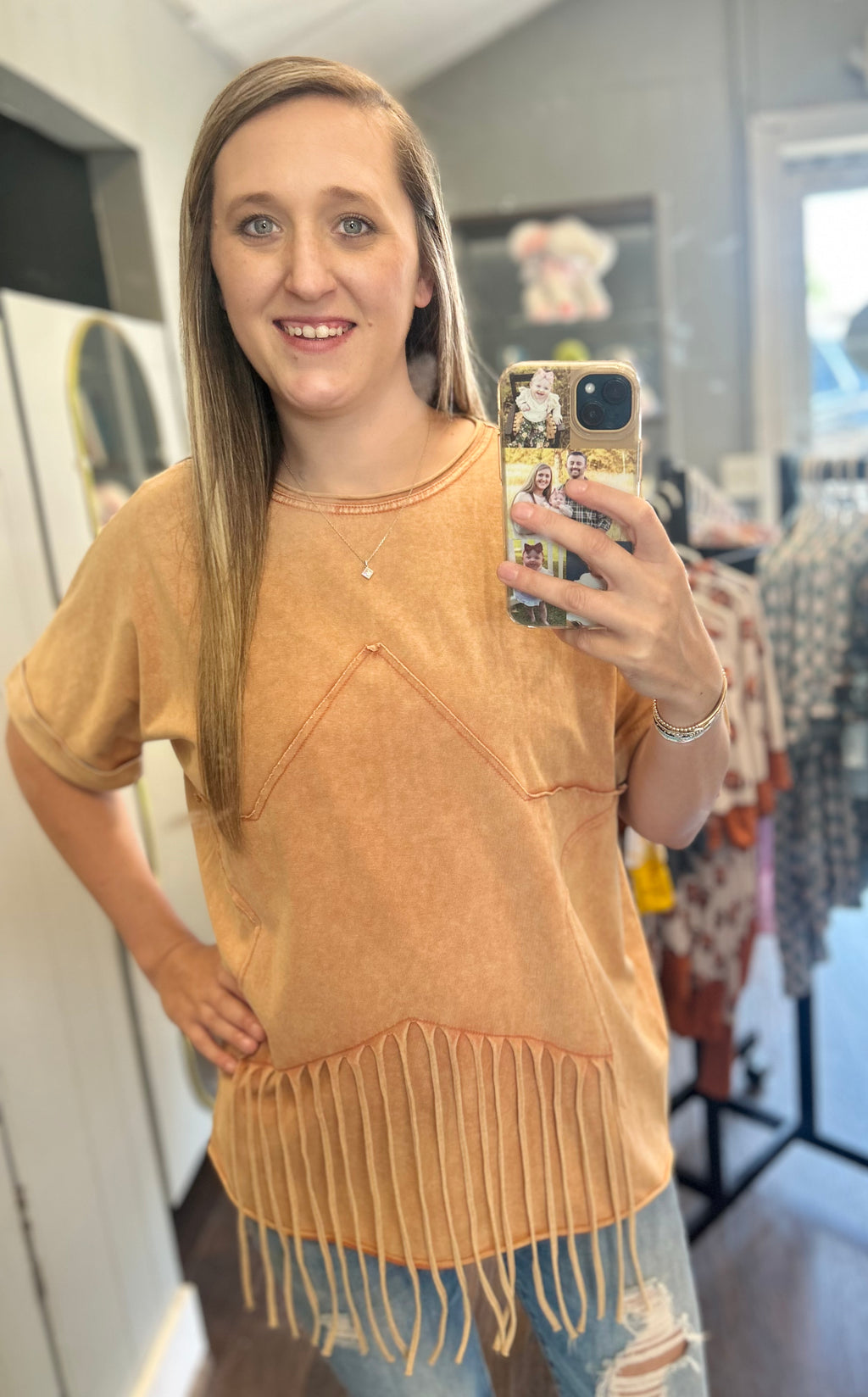 Short sleeve star patch top with fringe