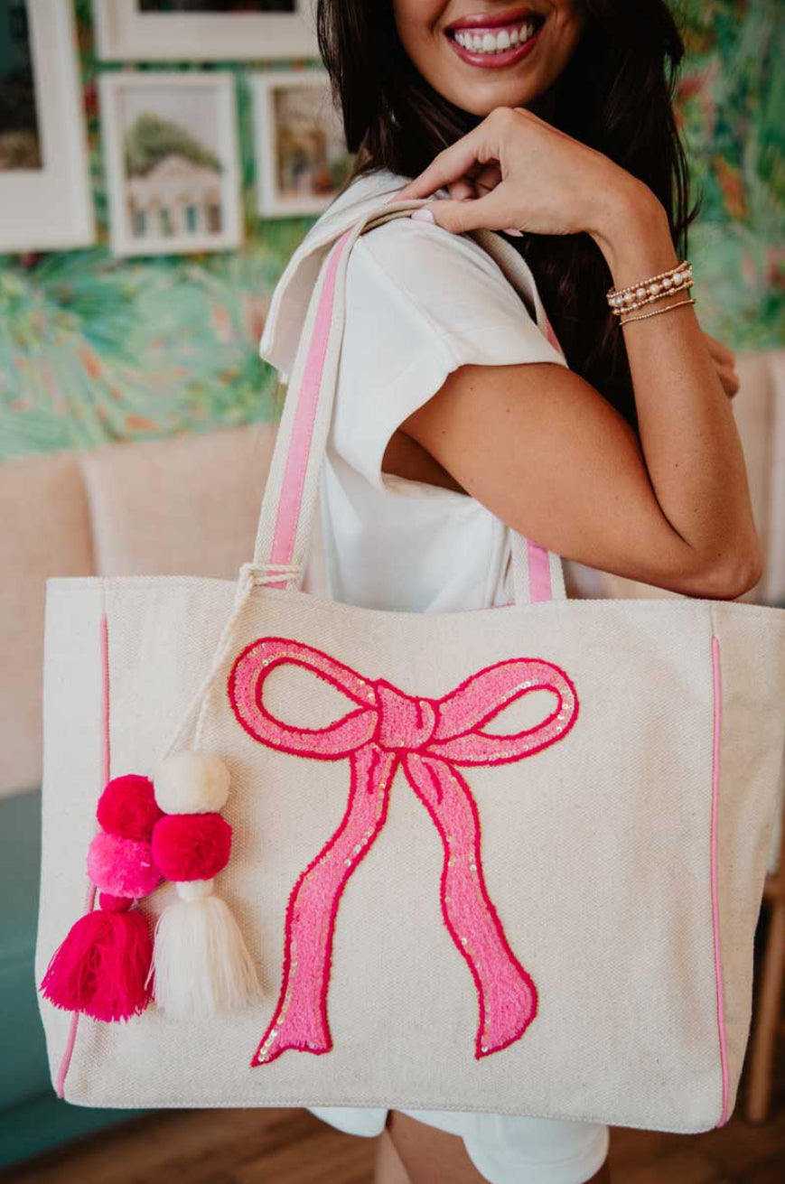 COQUETTE BOW PINK SEQUIN CANVAS TOTE BAG