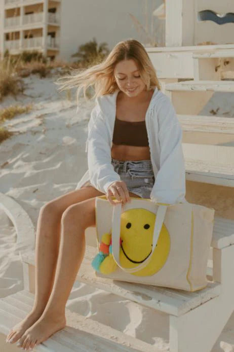 HAPPY FACE CHENILLE PATCH CANVAS TOTE BAG PURSE