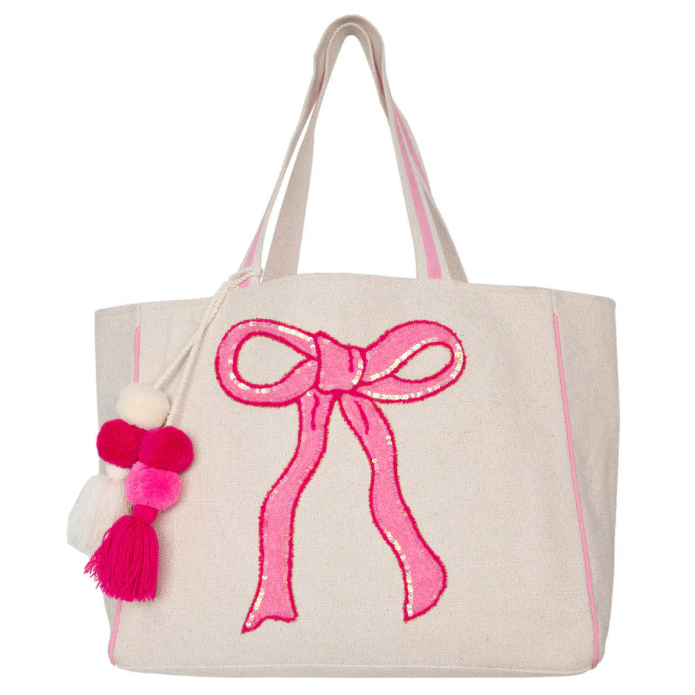 COQUETTE BOW PINK SEQUIN CANVAS TOTE BAG