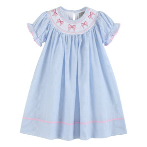 Blue Seersucker Bow Smocked Bishop Dress