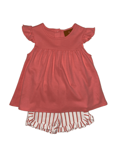 Girl coral with coral and white stripe shorts set