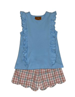 Girl blue top with spring plaid shorts set