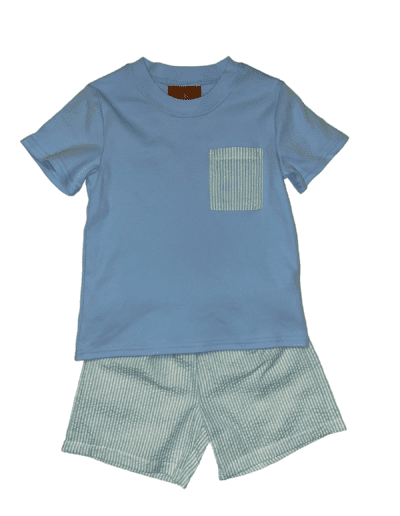 Boy blue with seersucker shorts set