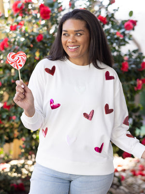 Multi colored Hearts white Valentine sweatshirt- Mary Square