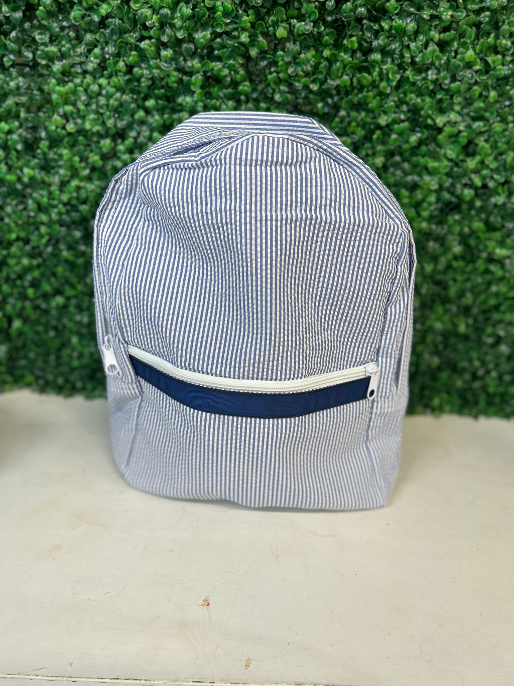 Navy Seersucker Medium Backpack