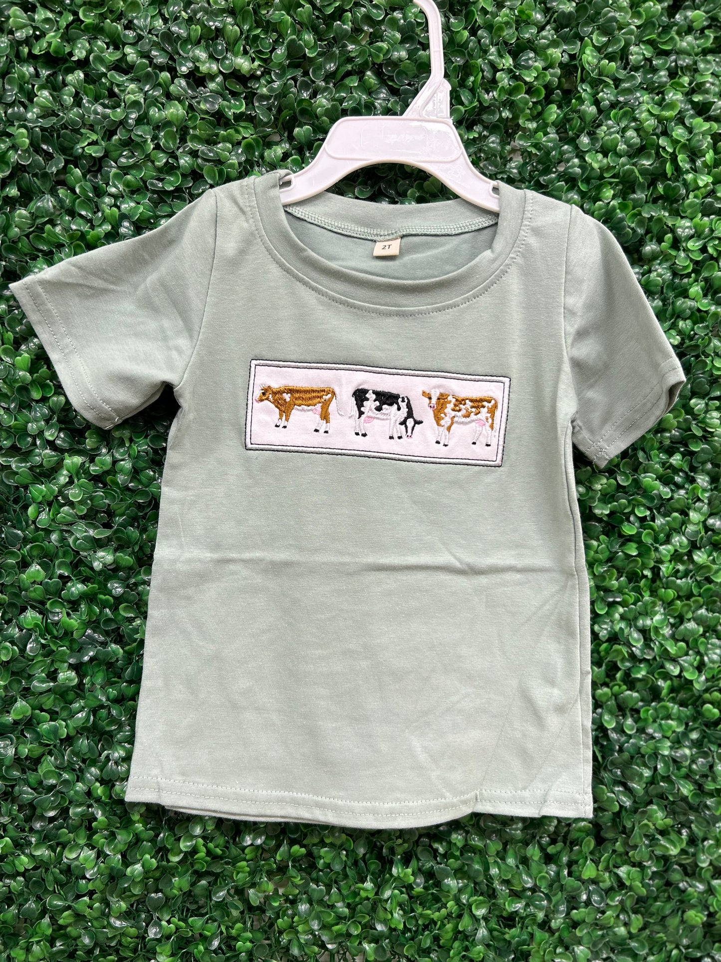 Green Cow Embroidery Top